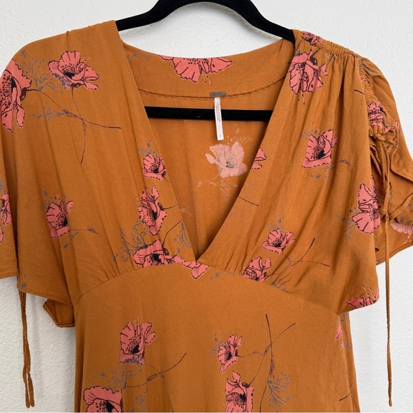 Free People Drapey Melanie Flutter Sleeve Mini Dress Mustard Combo - Picture 5 of 10